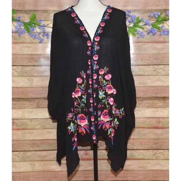Umgee Womens Black Open Front Floral Embroidered Cardigan Cover Up Size M/L - Picture 3 of 12